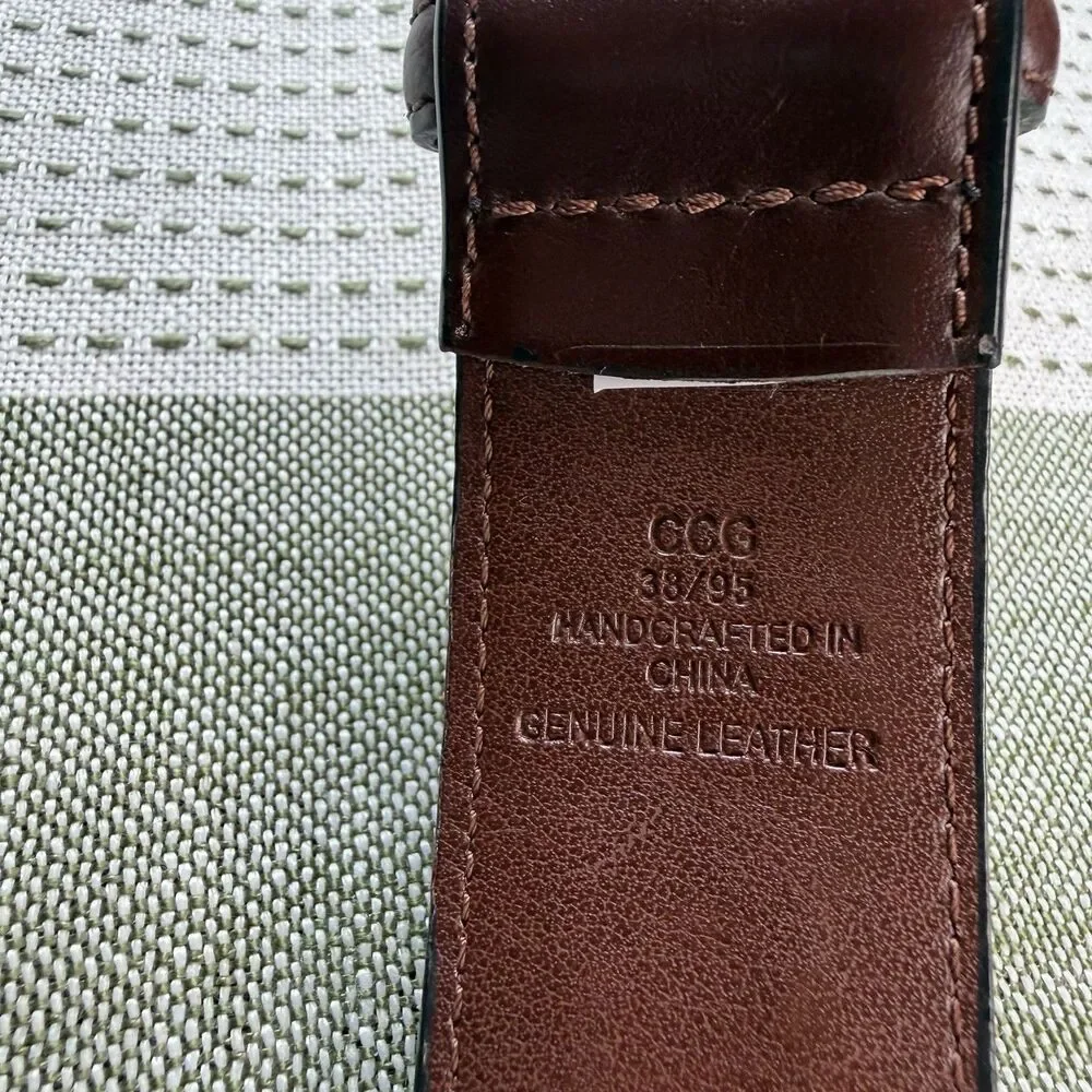 Men’s Brown Leather Belt Smooth Braided Brass Buckle Size 38